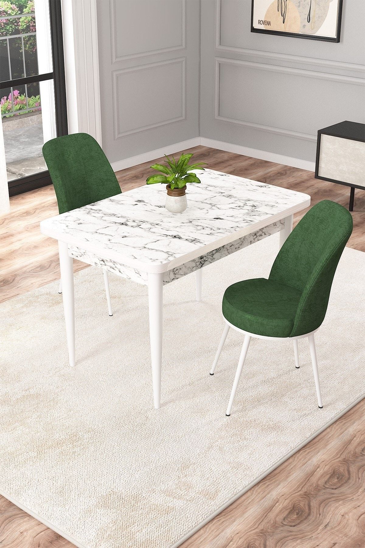 Rovena Raum Beyaz Mermer Desen 70x110 Sabit Mutfak Masası 2 Sandalye