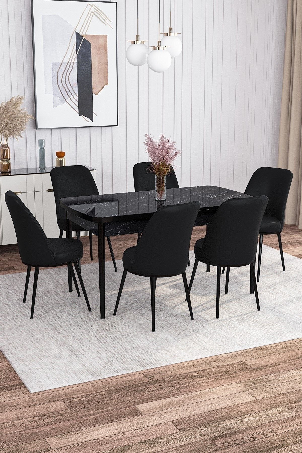 Rovena Marin Siyah Mermer Desen 80x132 Açılabilir Mutfak Masası Takımı 6 Sandalye