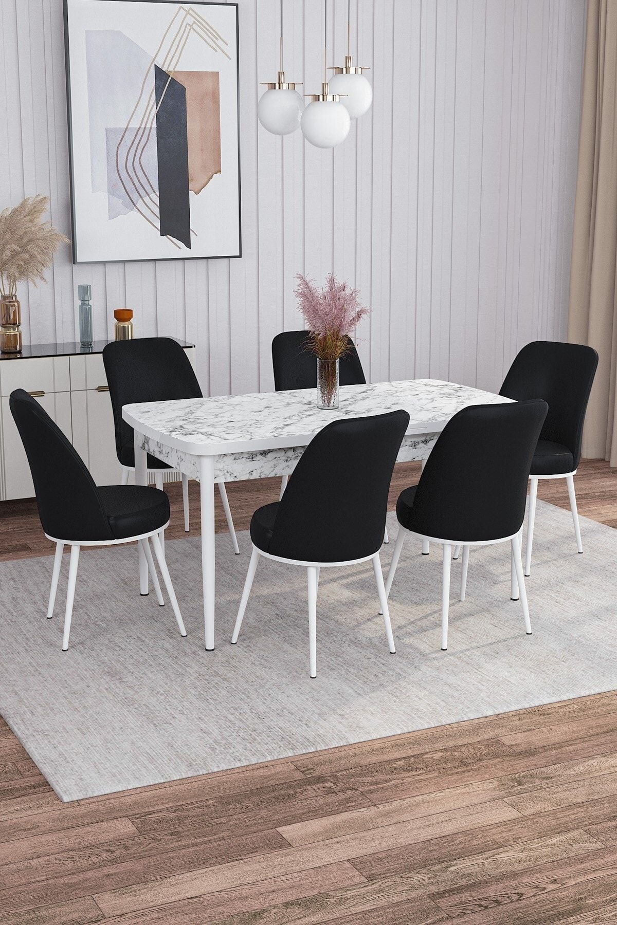 Rovena Marin Beyaz Mermer Desen 80x132 Açılabilir Mutfak Masası Takımı 6 Adet Sandalye