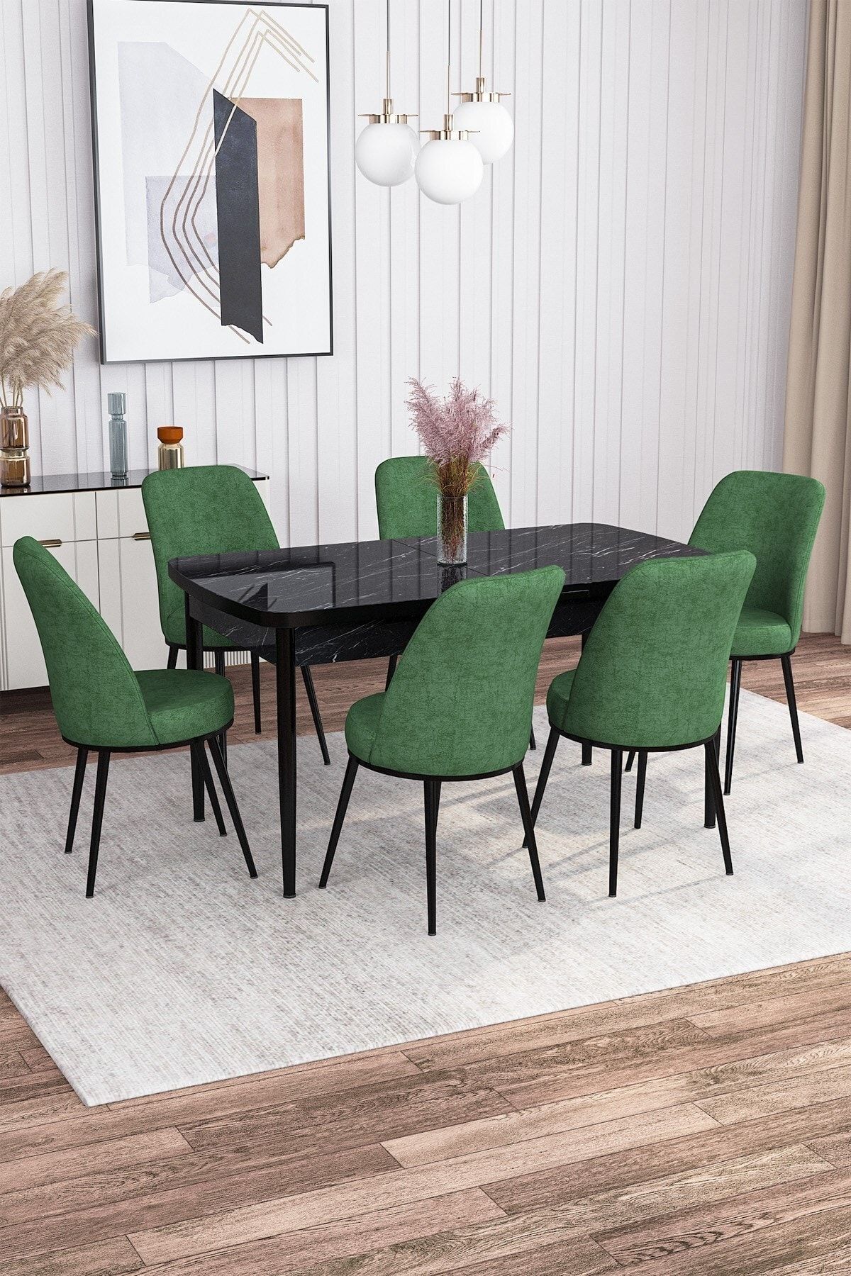 Rovena Marin Siyah Mermer Desen 80x132 Açılabilir Mutfak Masası Takımı 6 Sandalye