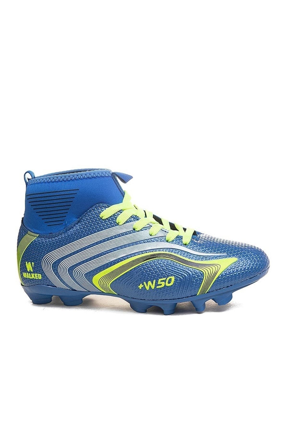 Lion Super Mercury Bilekli Çoraplı Halısaha Çim Dişli Krampon Futbol Ayakkabısı 435 Mavi Sarı
