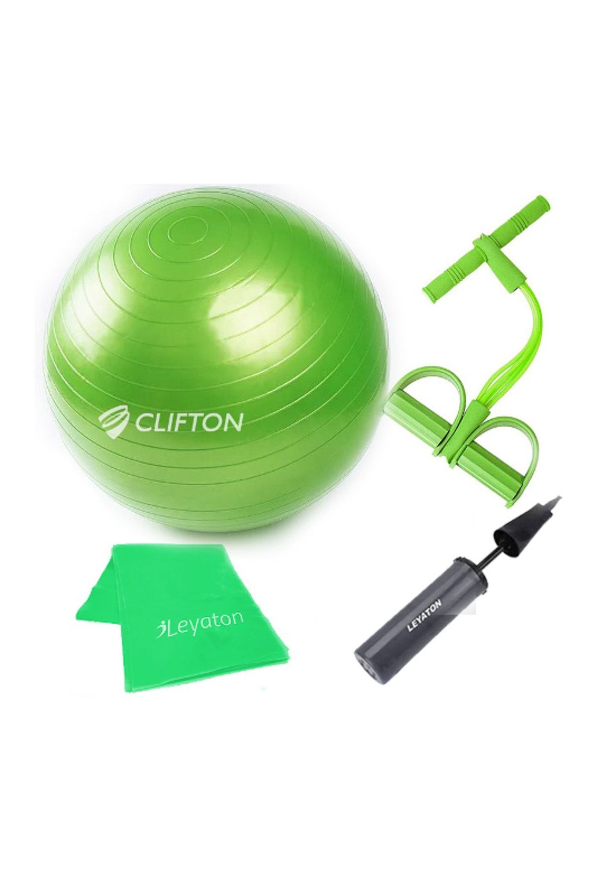 Clifton 65 cm Yeşil Dura-Strong Deluxe Pilates Topu+Body Trimmer +Pilates Bandı + Pompa Set