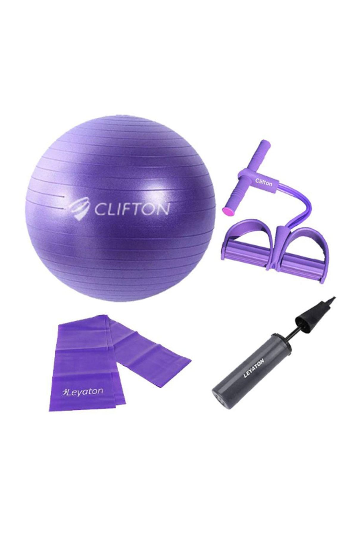 Clifton 65 cm Mor Dura-Strong Deluxe Pilates Topu+Body Trimmer +Pilates Bandı + Pompa Set