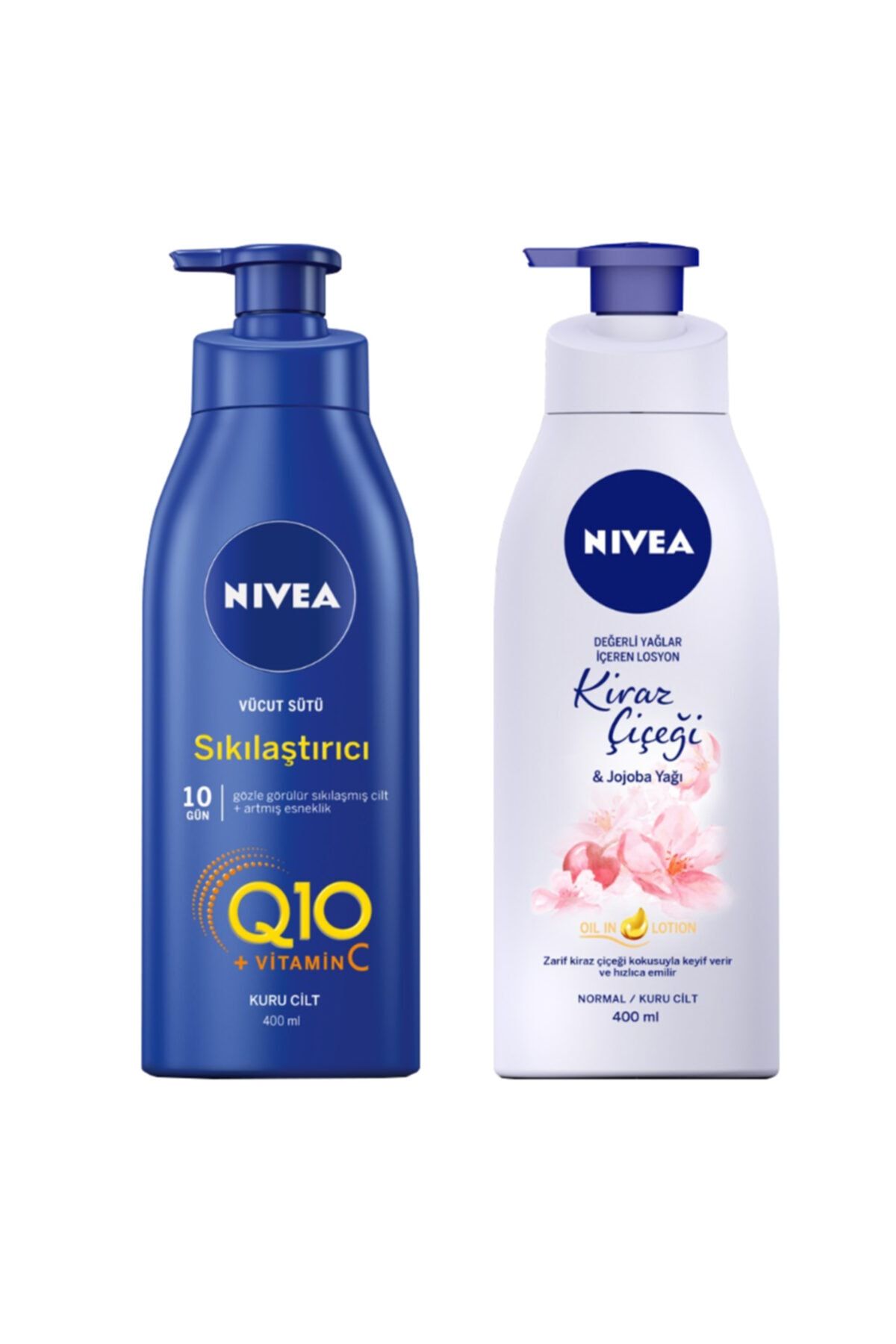 NIVEA Besleyici Sıkılaştırıcı Vücut Sütü 400 ml + Nbody Pump Kiraz Çiçeği Jjojoba Yağı Losyon 400 ml