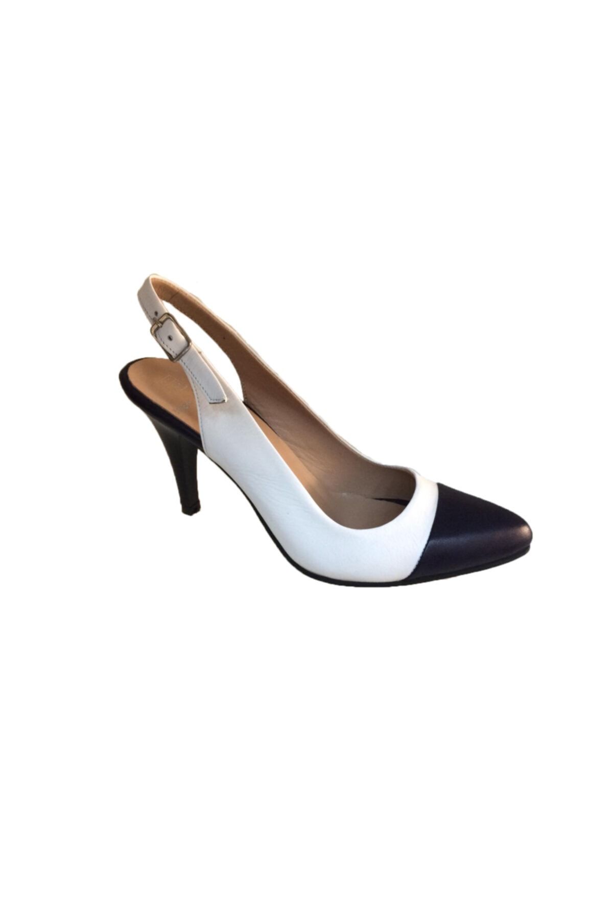 Elegan Kadın  Beyaz Hakiki Deri - Lacivert Burun Detaylı Yazlık Stiletto Ayakkabı