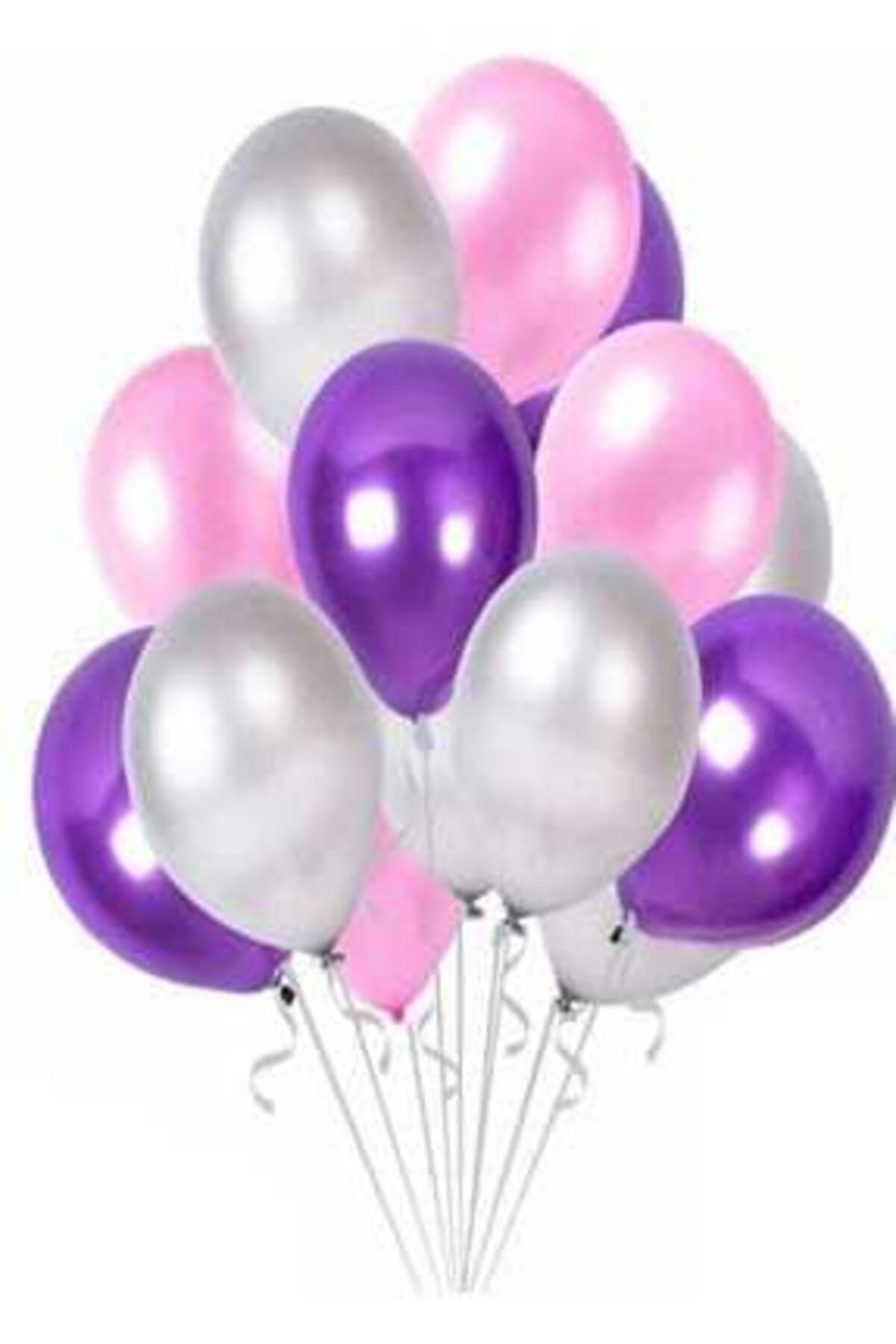 Renkli Parti Mor - Pembe- Gümüş Metalik Karışık Balon Helyumla Uçan - 30 Adet