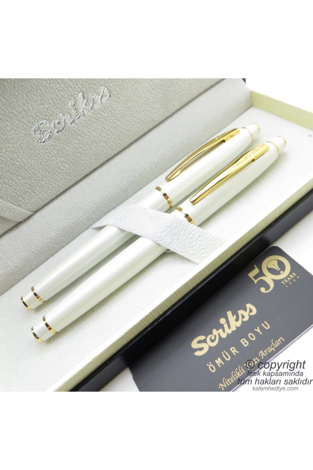 Scrikss 35 Beyaz Altın Dolma Kalem + Roller Kalem Seti | Noble | Isme Özel Kalem | Hediye Kalem