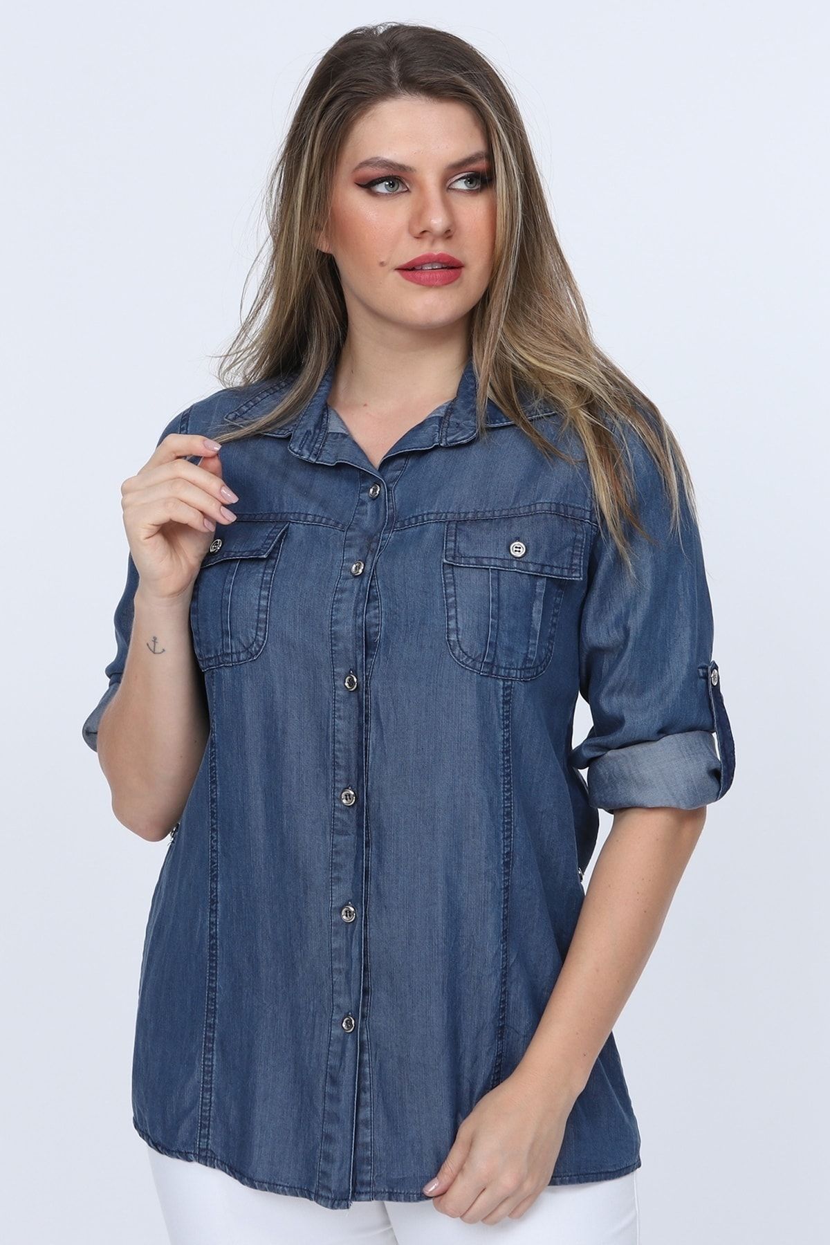 Gül Moda Kadın Mavi Kot Gömlek Cepli G015-1