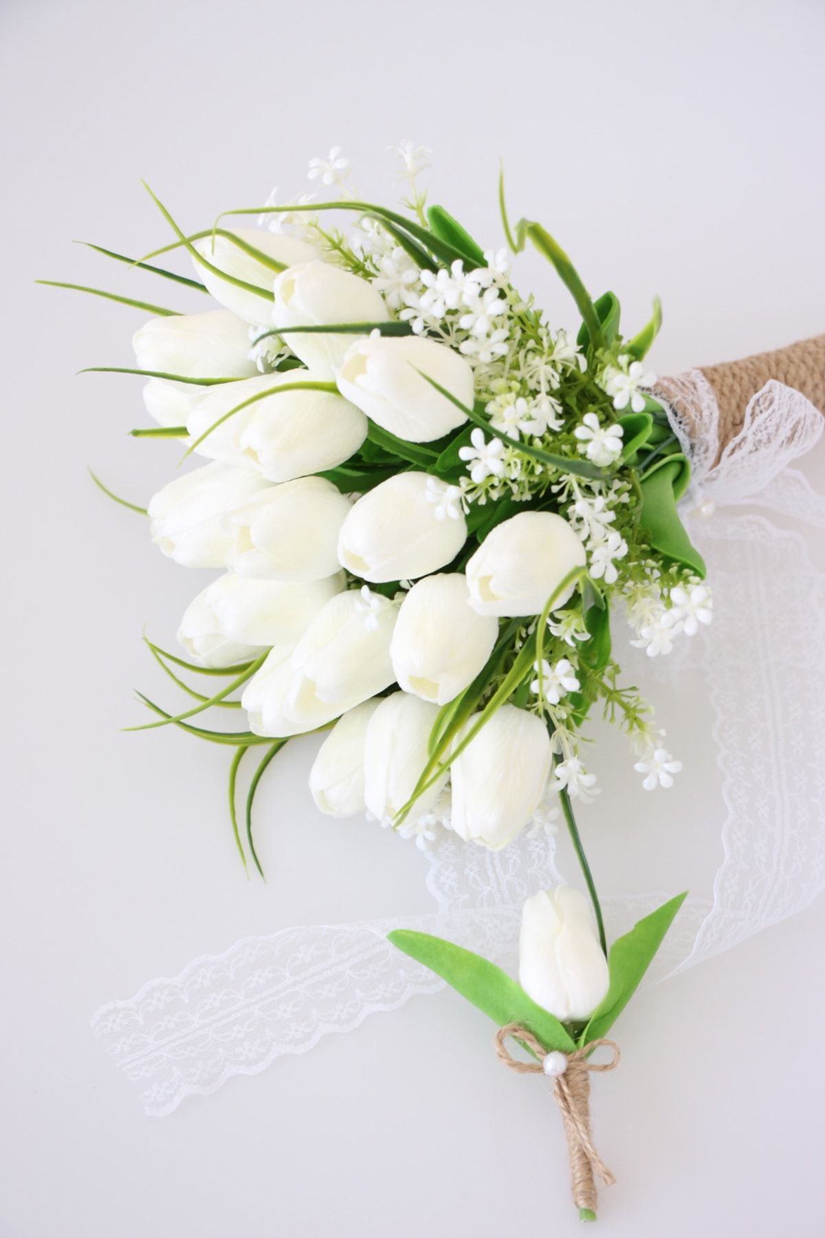 Yapay Çiçek Deposu Gelin Buketi Beyaz Islak Lale Sadeliği 2li Set