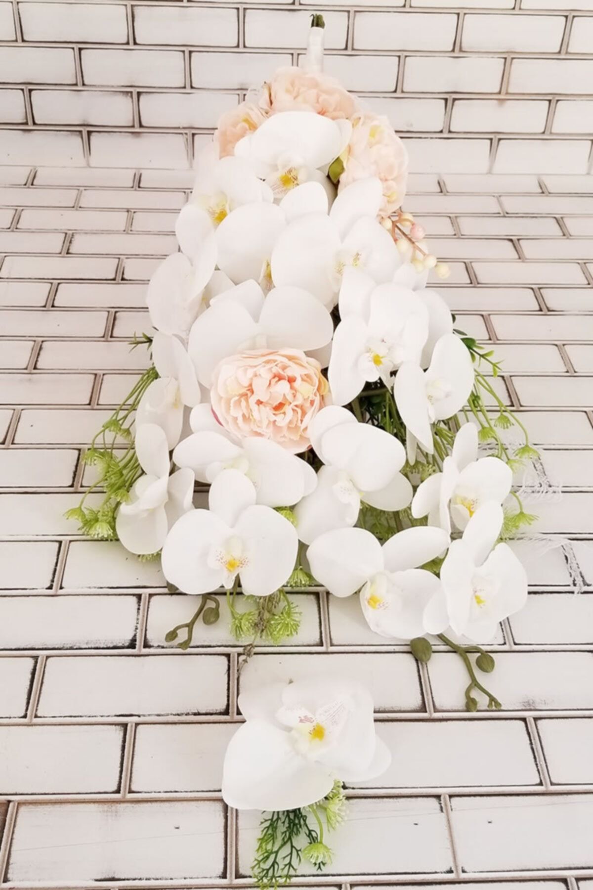Yapay Çiçek Deposu Islak Orkide Ve Şakayık Güller Gelin Çiçeği Beyaz Somon 2li Set