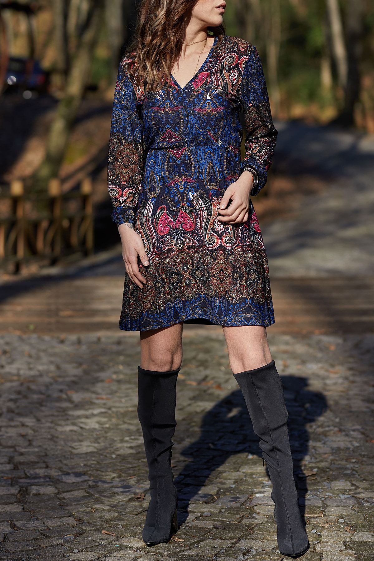 XHAN Kadın Multi Desenli Beli Lastikli Kruvaze Elbise 9KXK6-40458-14