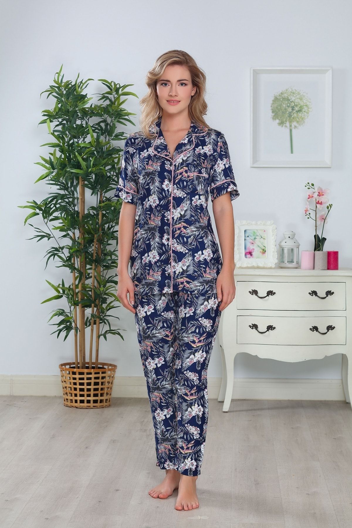 Tuba Kadın Lacivert Önden Düğmeli Modal Dokuma Yazlık Pijama Takımı
