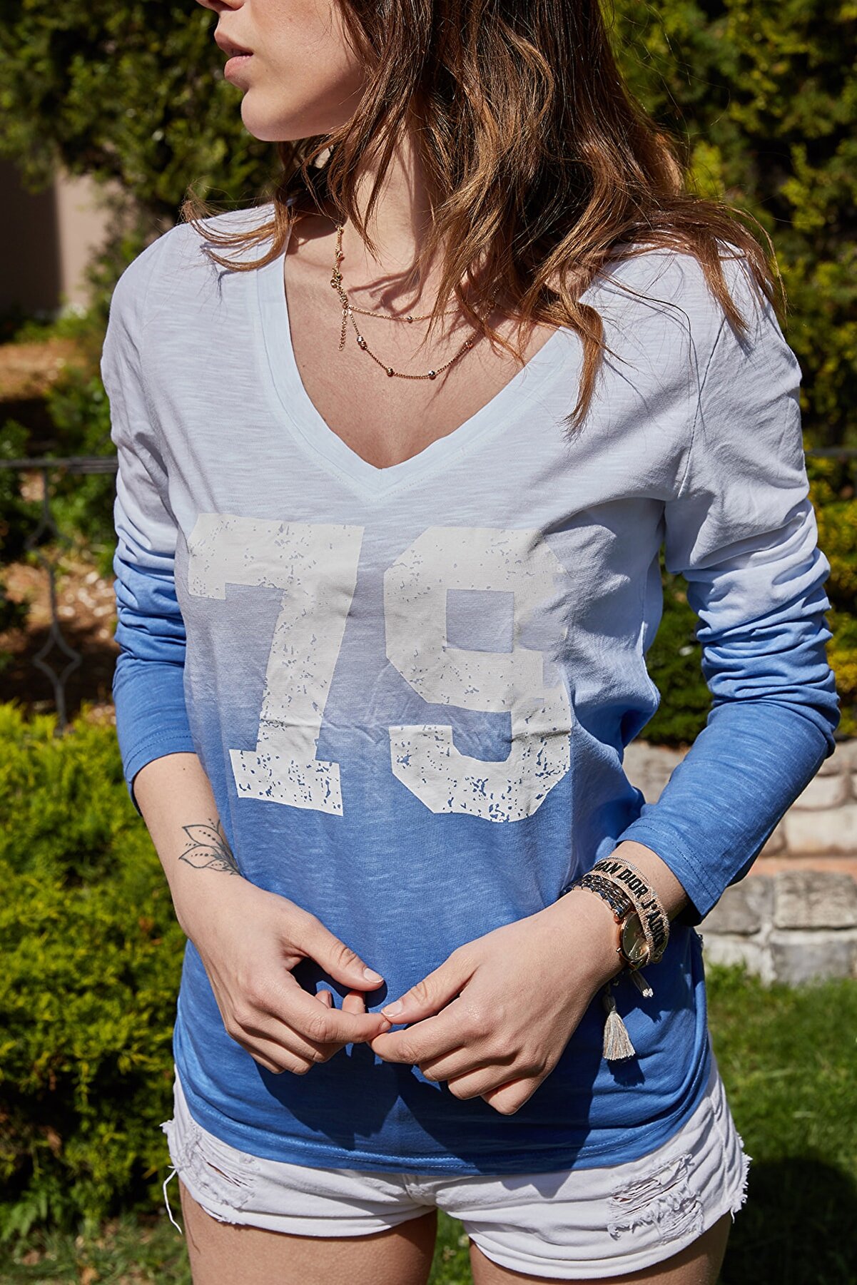 XHAN Kadın Mavi Baskılı T-Shirt 9YXK2-41045-12