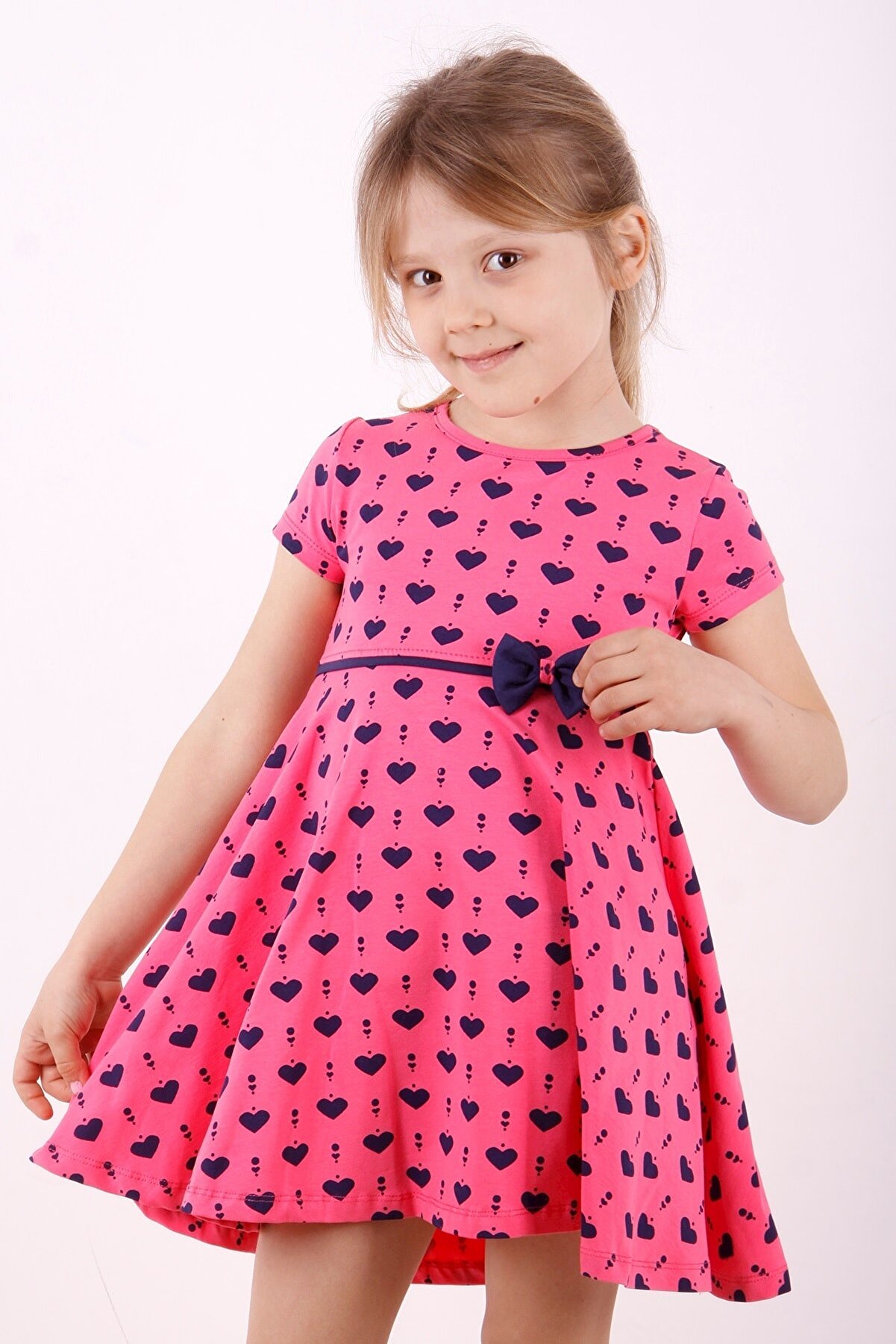 Toontoy Kız Çocuk Pembe Fiyonk Detaylı Kalp Baskılı Elbise