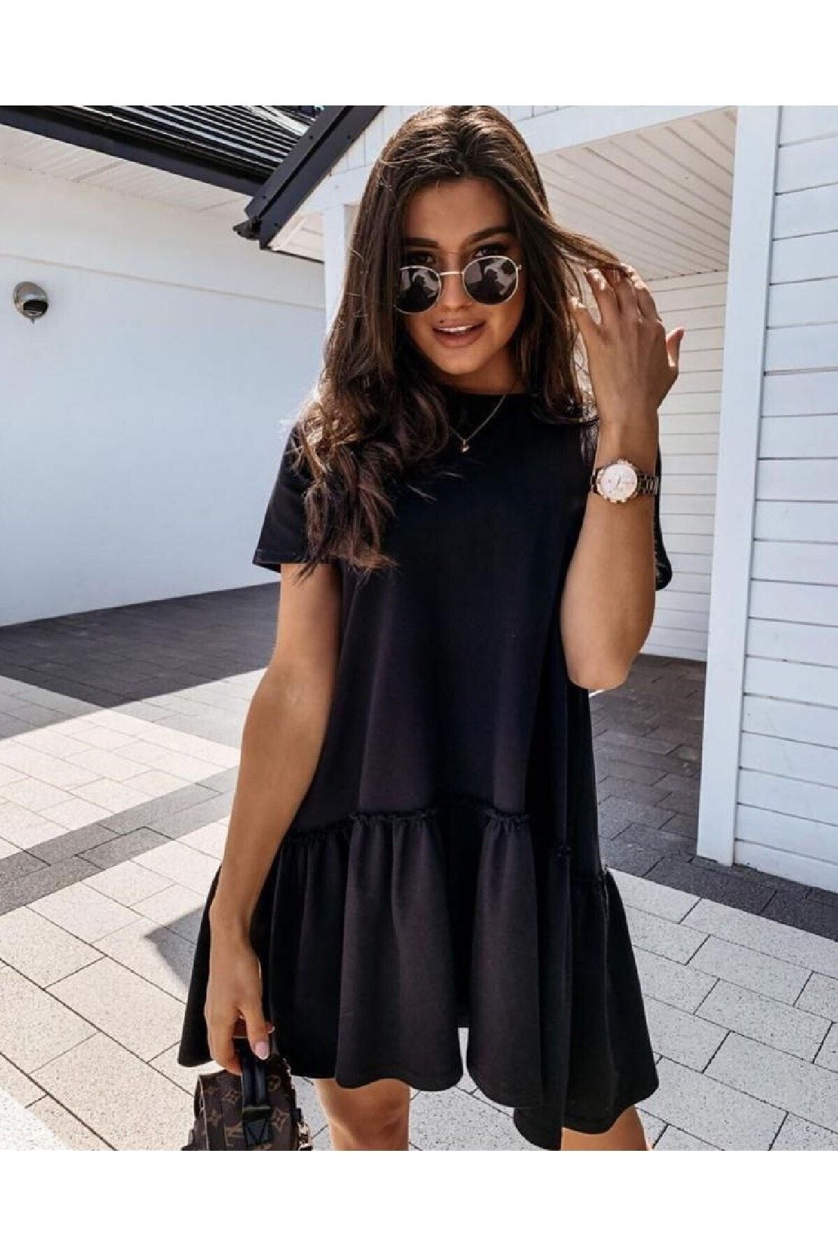 Bella Kadın Siyah Kısa Kollu Fırfırlı Mini Elbise
