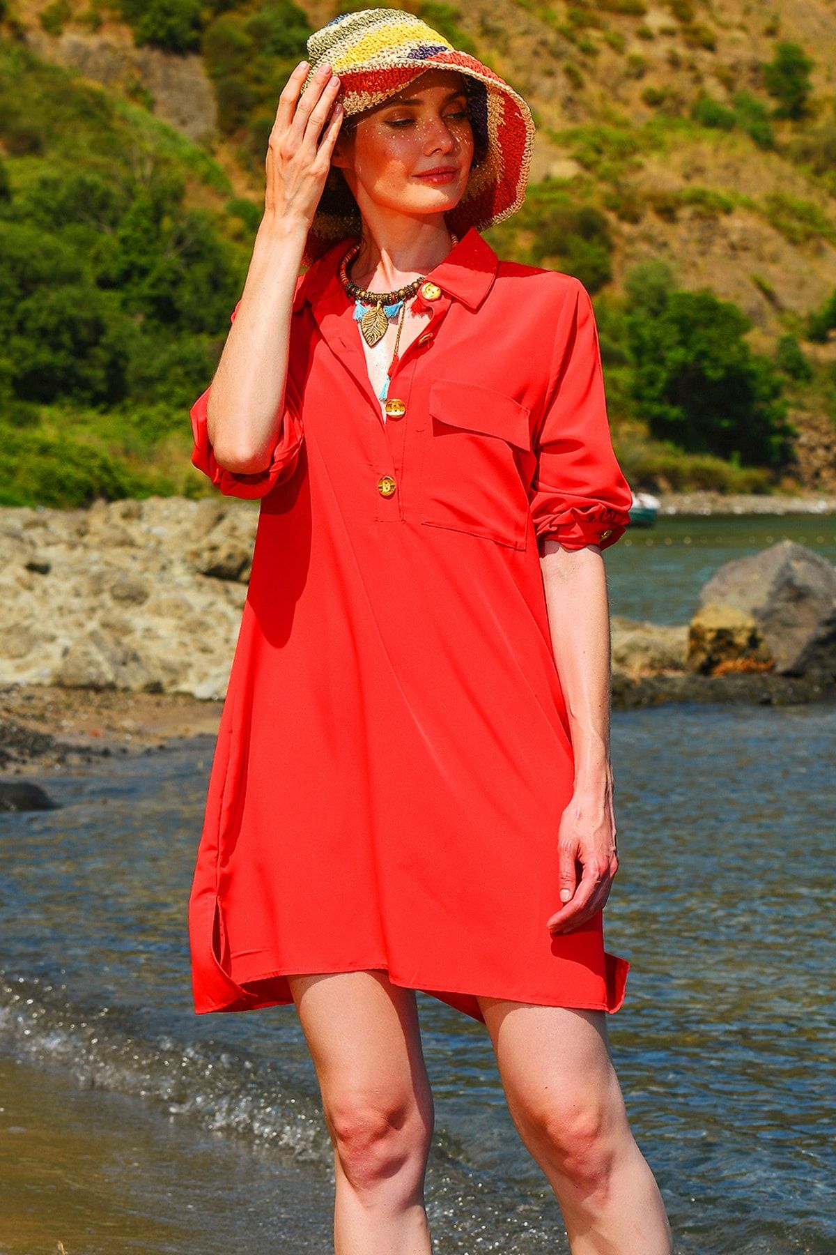 Trend Alaçatı Stili Kadın Mercan Tek Cep Düğmeli Gömlek Yaka Dokuma Elbise Dnz-3134-Rw1