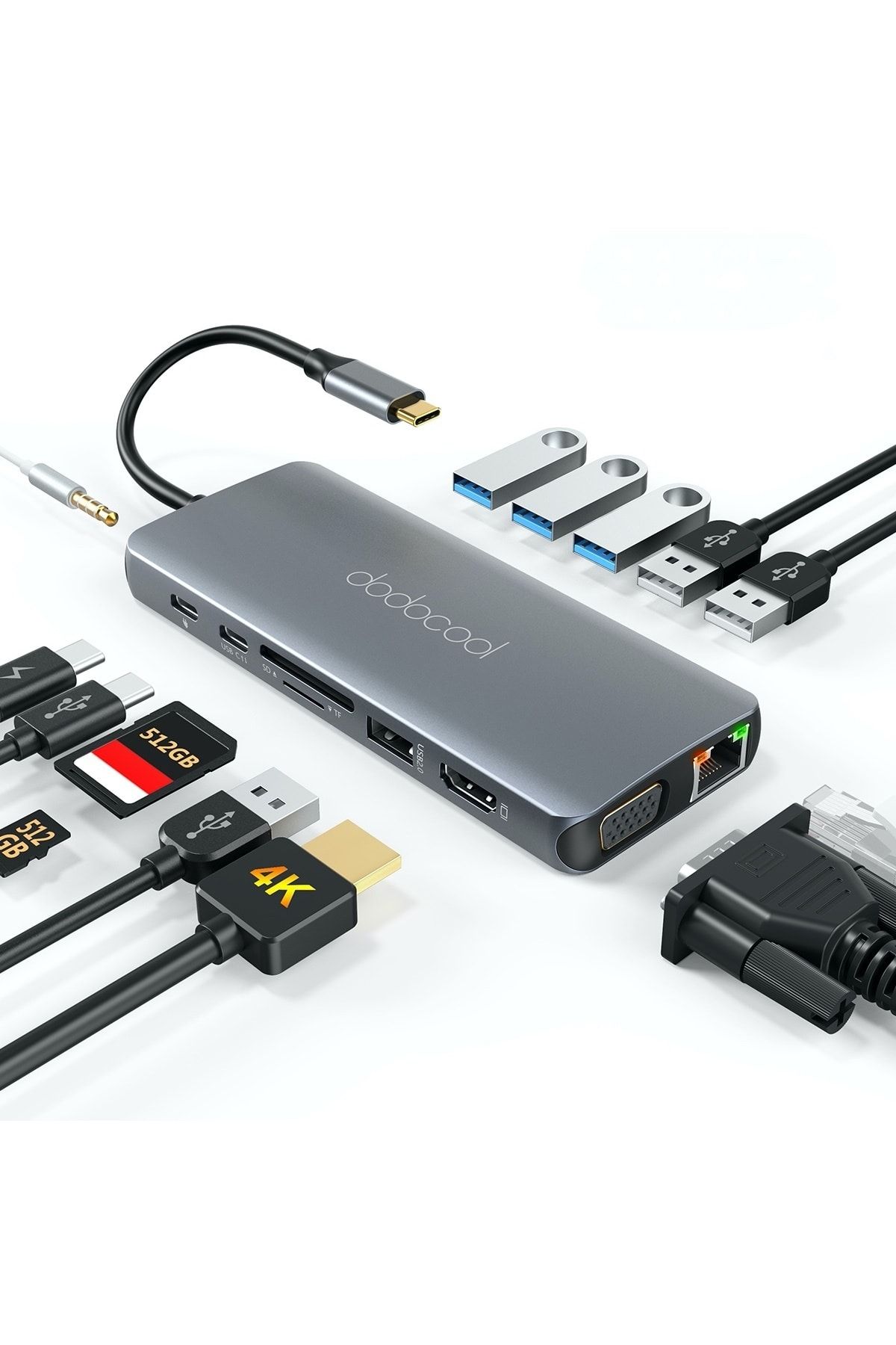 Dodocool 14'ü Bir Arada VGA HDMI 3.5 mm SD/TF Kart PD USB 3.0 USB-C Type-C Hub