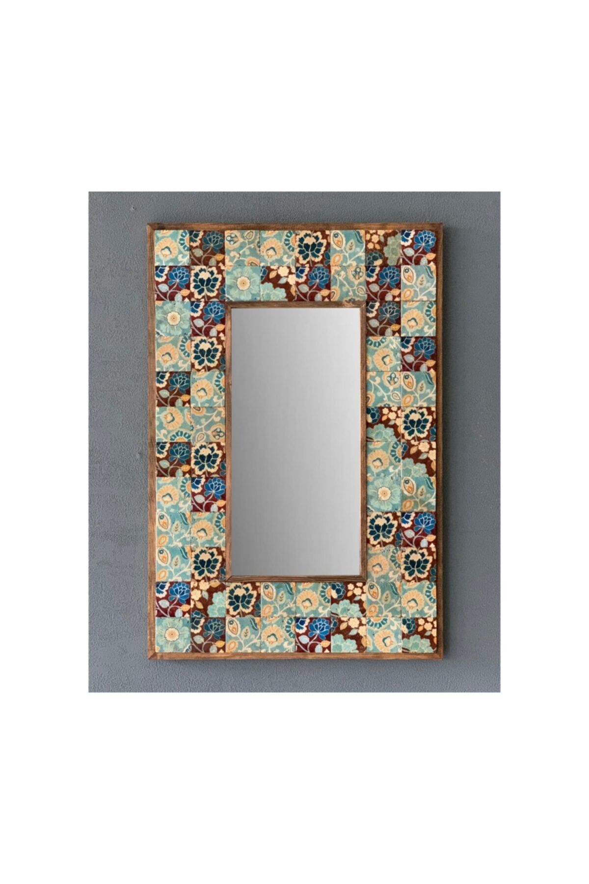 Oscar Stone Decor Taş Mozaik Ayna 43 X 63 Cm Mavi Yaprak Desenli Dresuar Üstü