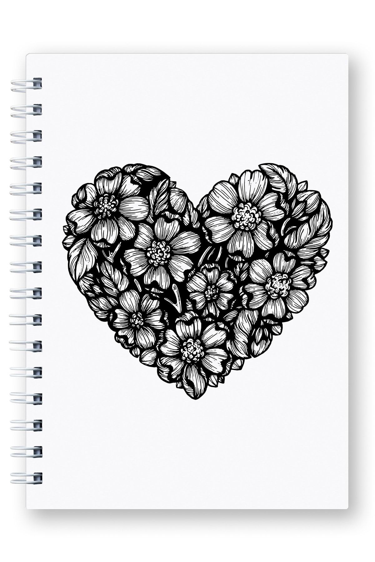 Mespho Siyah Beyaz Çiçek Desenli A5 Ebat Spiralli Sert Kapak Defter (14,8 x 21 cm.)