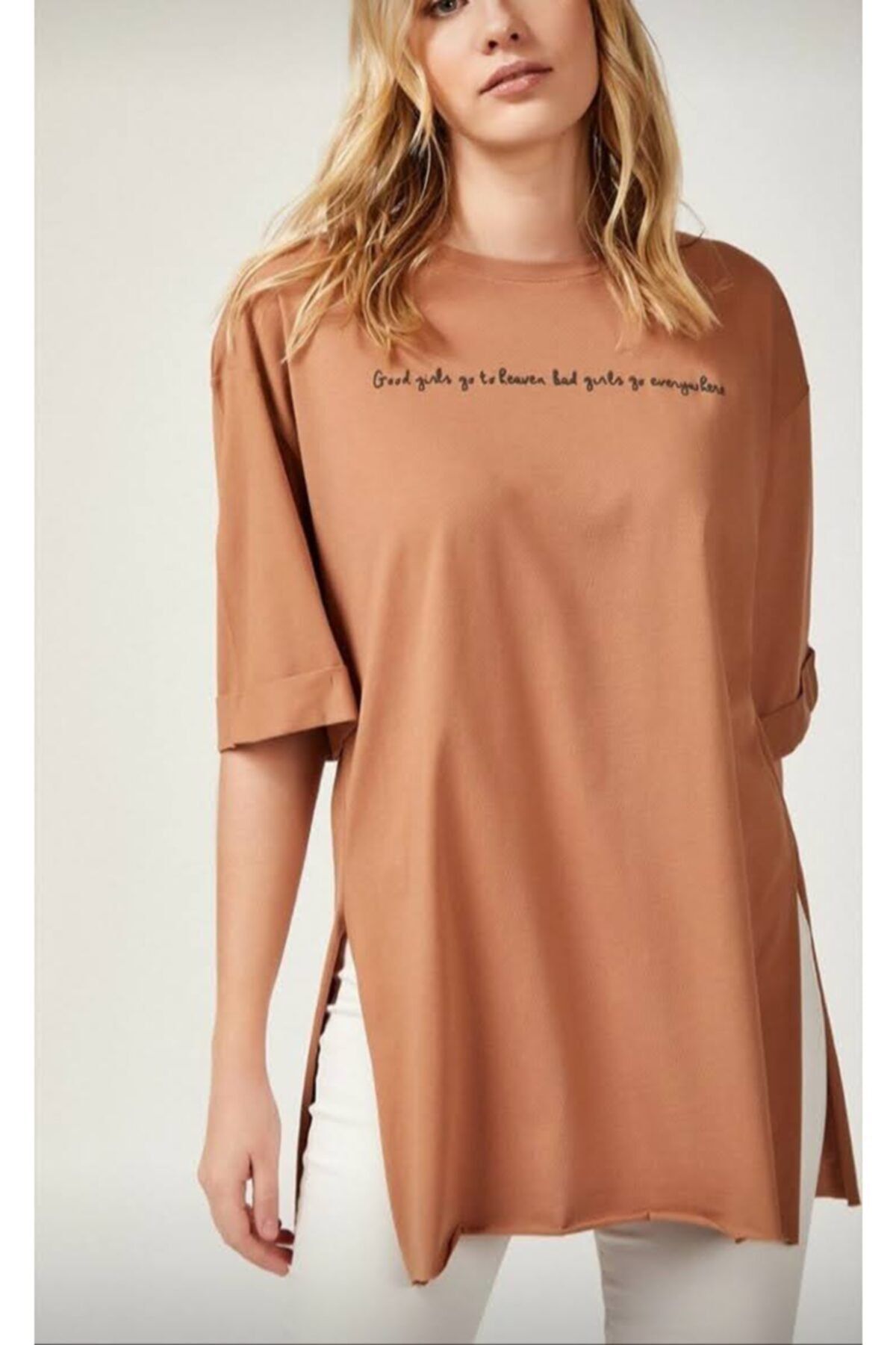 butiktoc Kadın Kahverengi Baskılı Over Size T-shirt