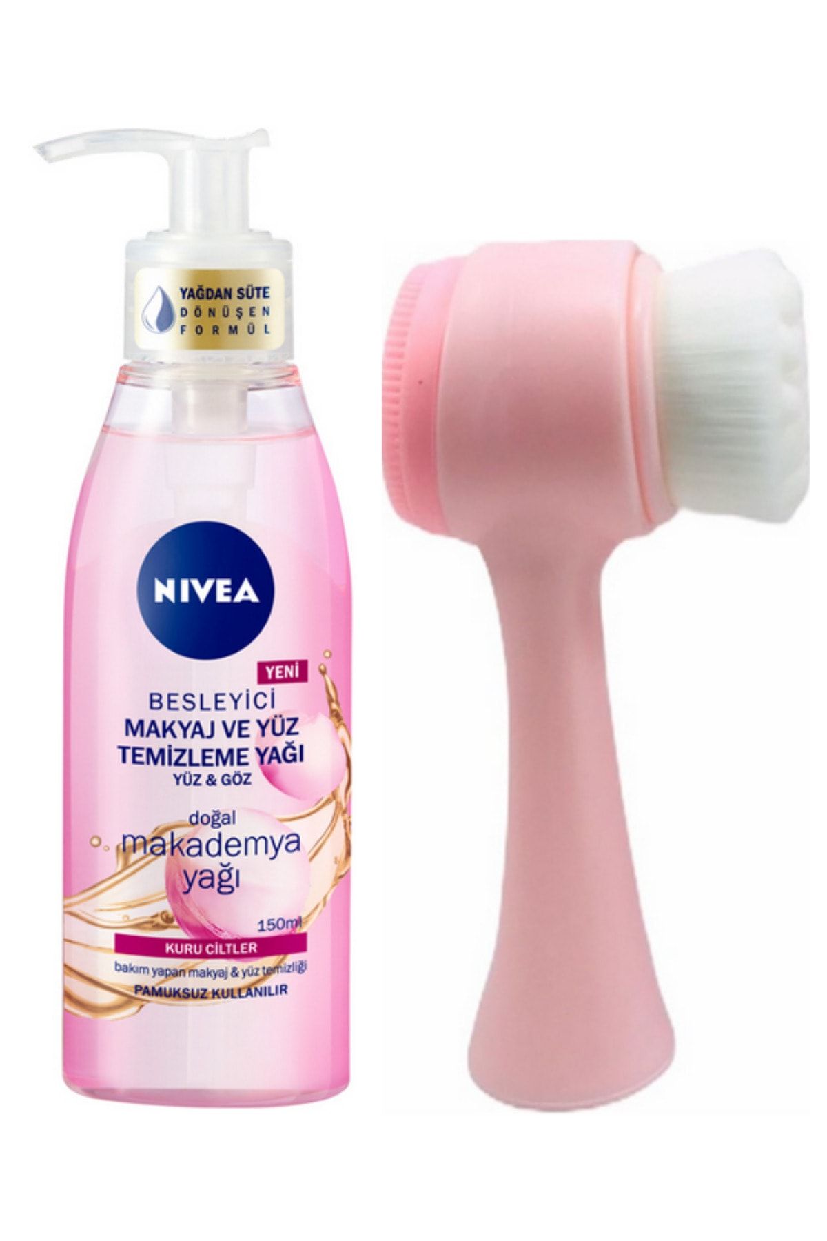 NIVEA Makyaj Ve Yüz Temizleme Yağı Kuru Ciltler 150 ml Ve Fluweel Yüz Temizleme Fırçası Pembe