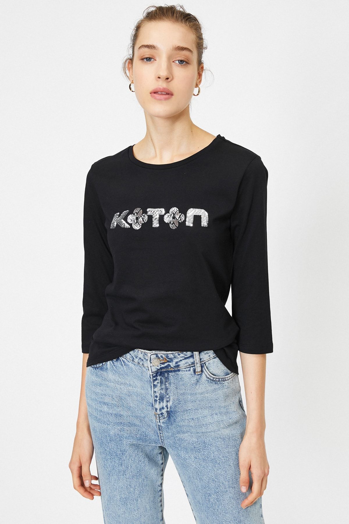 Koton Kadın Siyah T-Shirt 9YAP13395EK