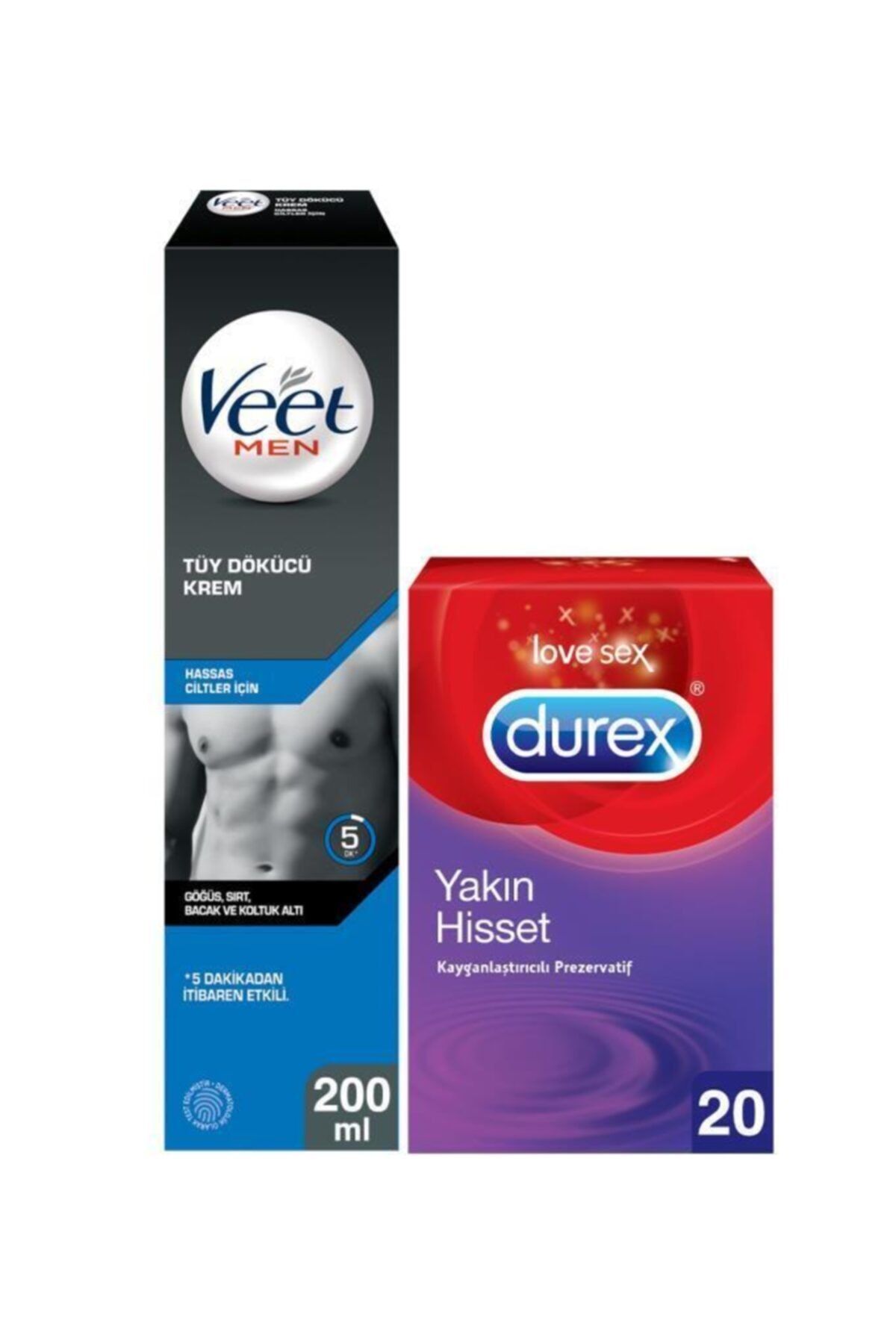 Veet Hassas Erkeklere Özel Tüy Dökücü Krem 200ml+Durex Yakın Hisset Kayganlaştırıcılı Prezervatif 20’li