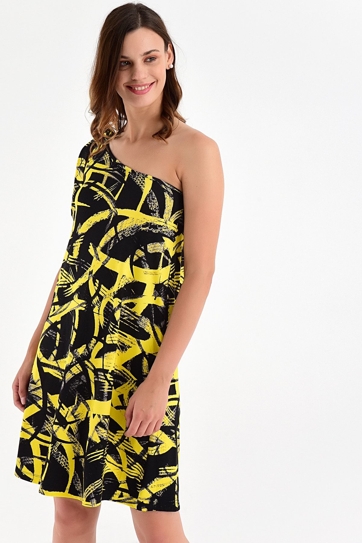 Laranor Kadın Desen-4 Tek Omuzdan Bağlamalı Desenli Elbise 20L6844