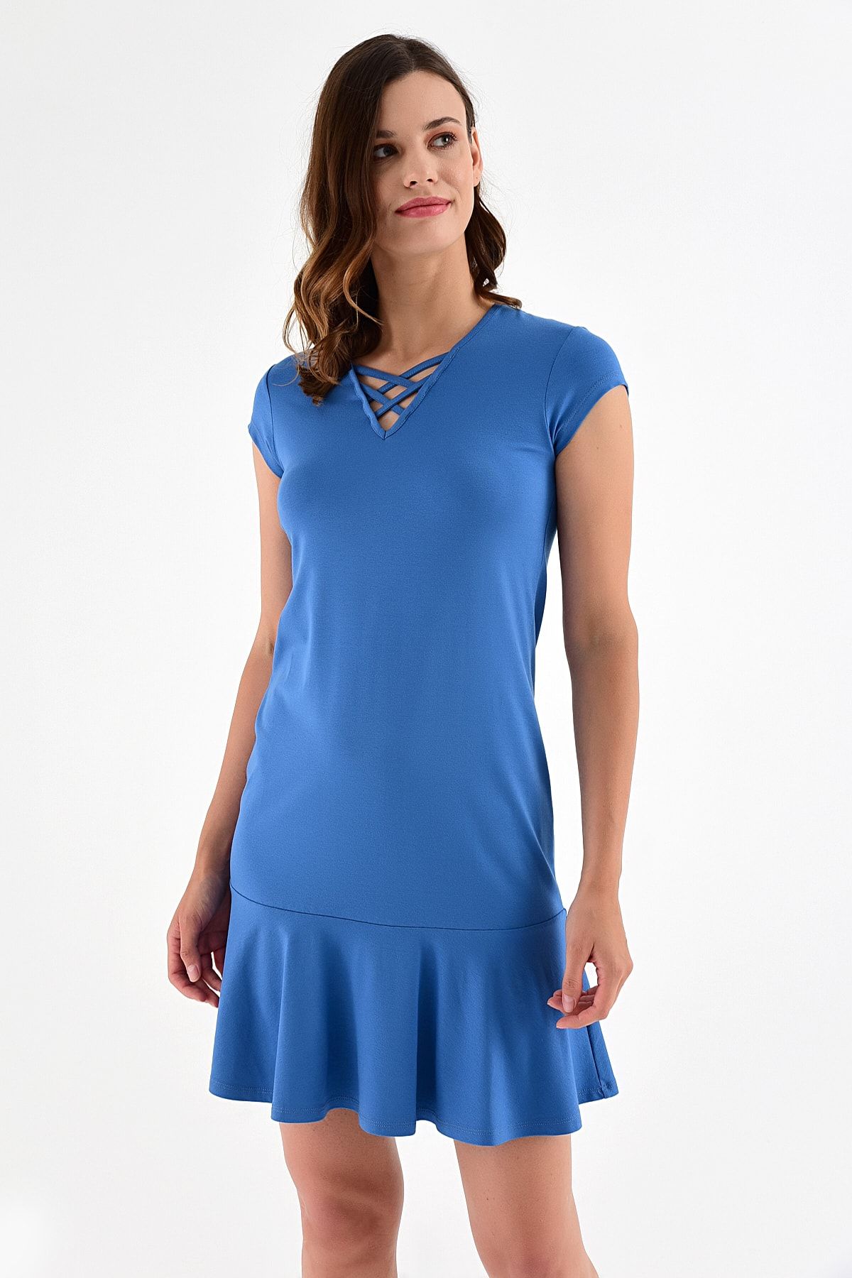 Laranor Kadın İndigo Yaka Detay Etek Ucu Volanlı Elbise 20L6810