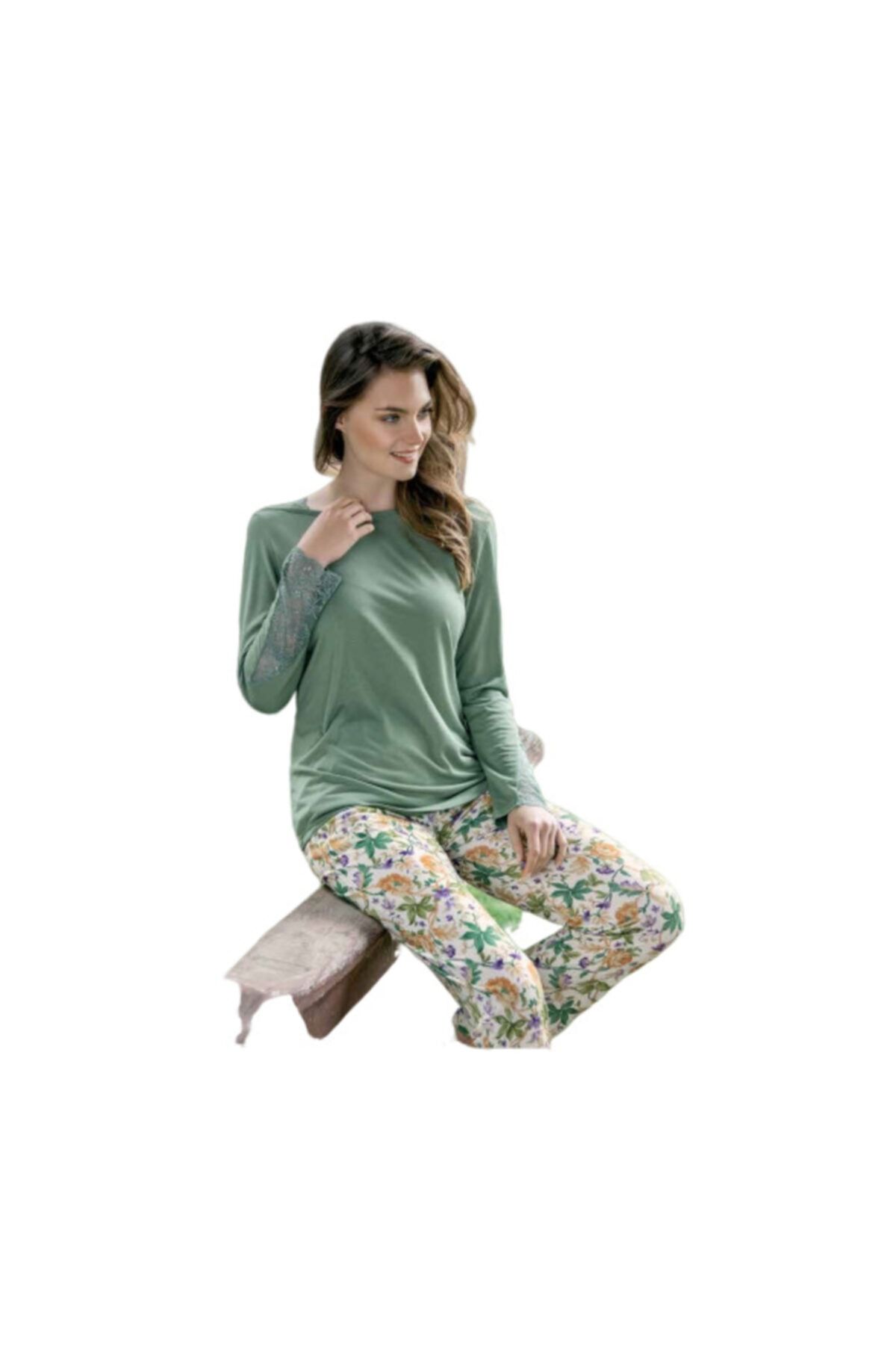 Yeni İnci Kadın Yeşil Çiçekli Pamuklu Pijama Takımı
