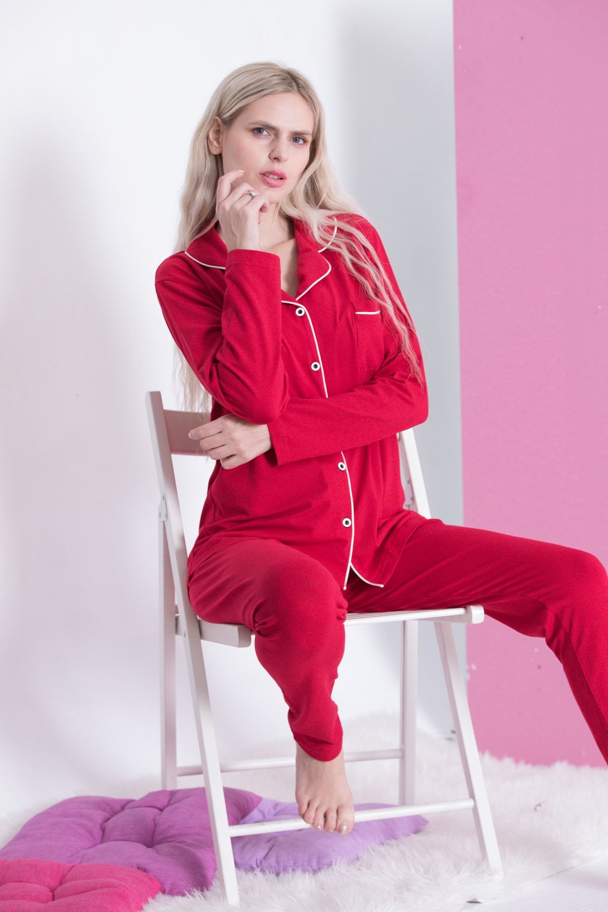 Pijama Denizi Koyu Kırmızı - Saten Biyeli Lüks Pamuklu Likralı Uzun Kollu Gömlek Yaka Düğmeli Pijama Takımı