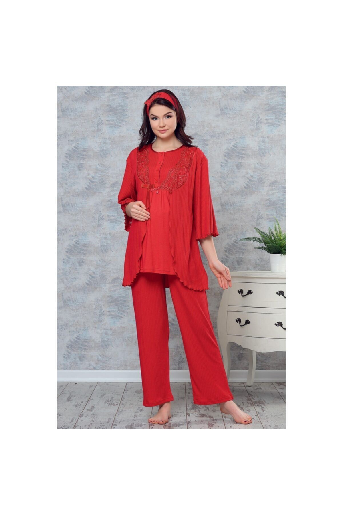 Haluk Bayram Kadın Kırmızı Lohusa 3'lü Pijama Takım