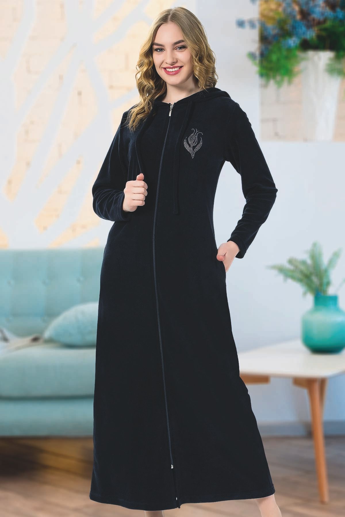 ESRATEKS Önü Fermuarlı Kapüşonlu Lacivert Renk Kadın Uzun Havlu Elbise