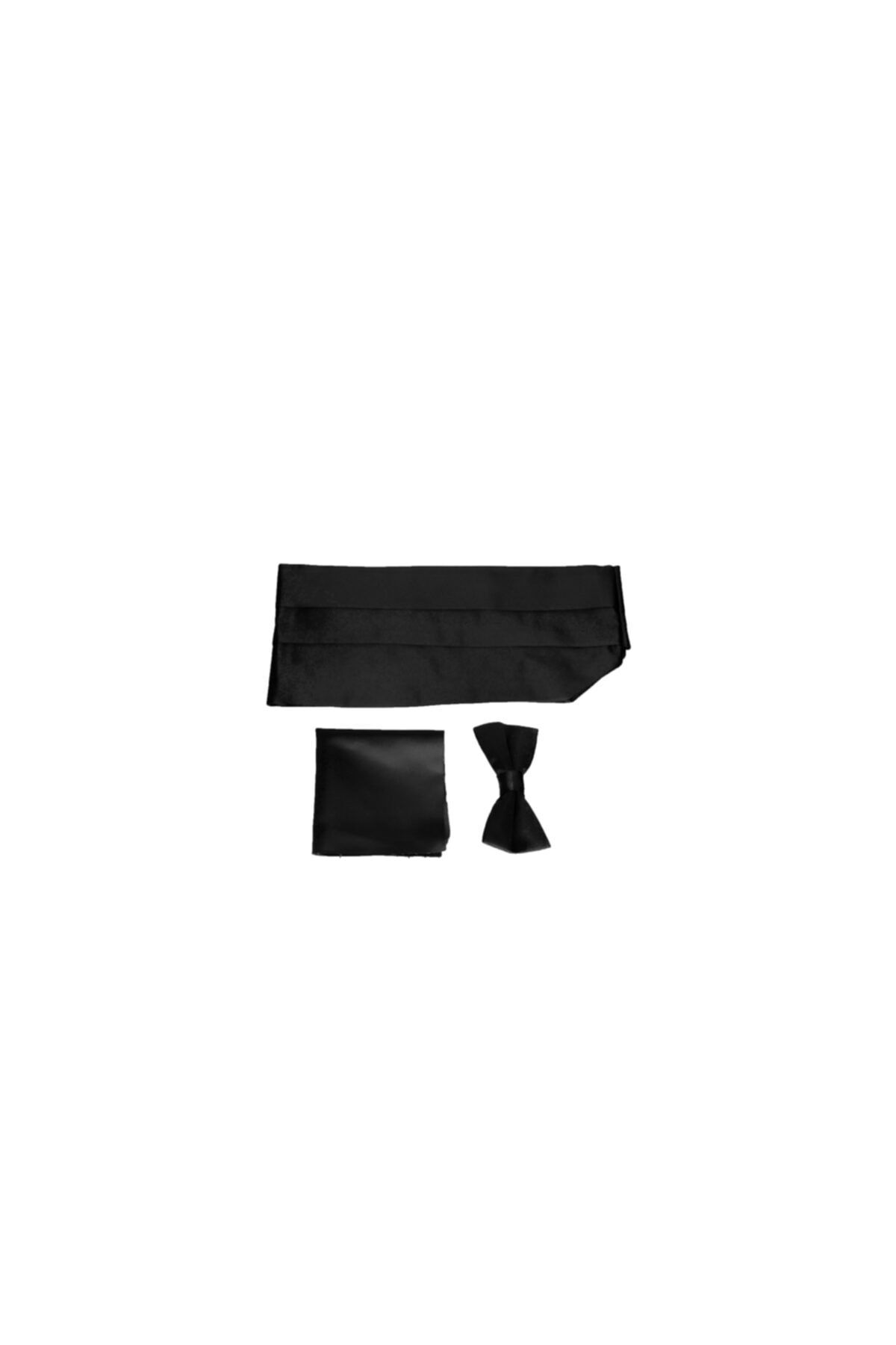 Elegante Cravatte Siyah Renk Mat Kuşak Papyon Seti Damatlık Smokin Kemeri