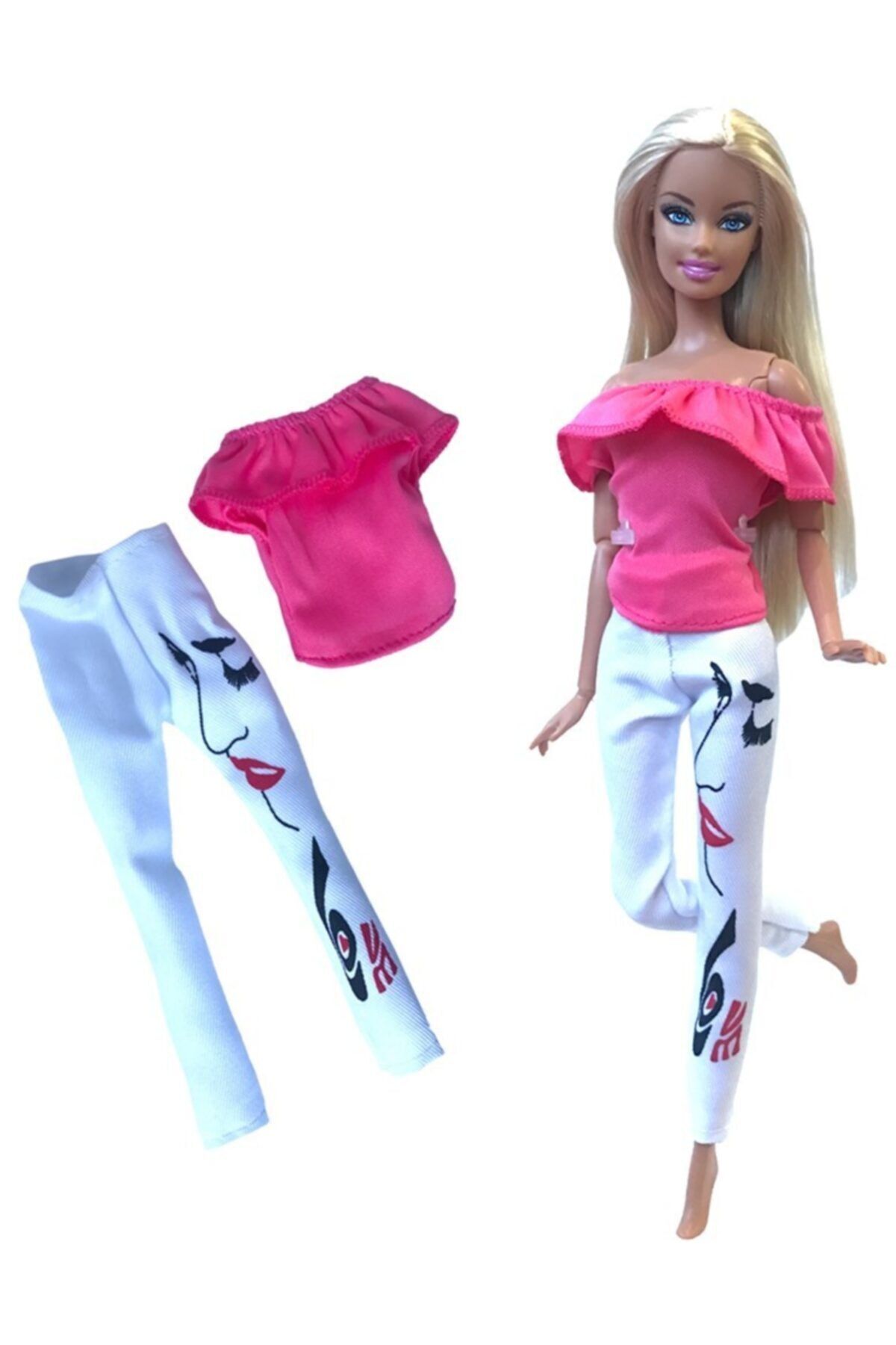 DOLL Barbie Kıyafet - Bebek Dahil Değildir - Yüz Desenli Pantolon Set