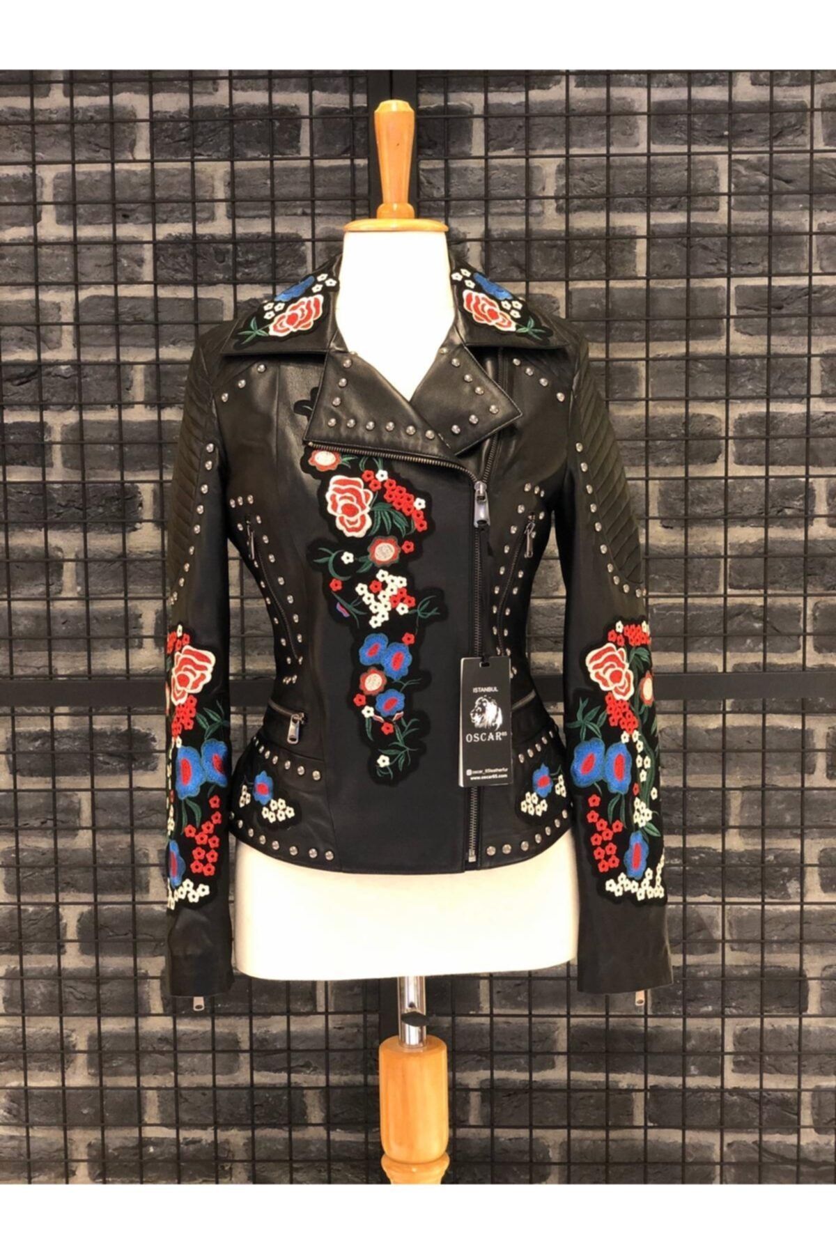 Oscar Leather Kadın Siyah Çiçekli Deri Ceket