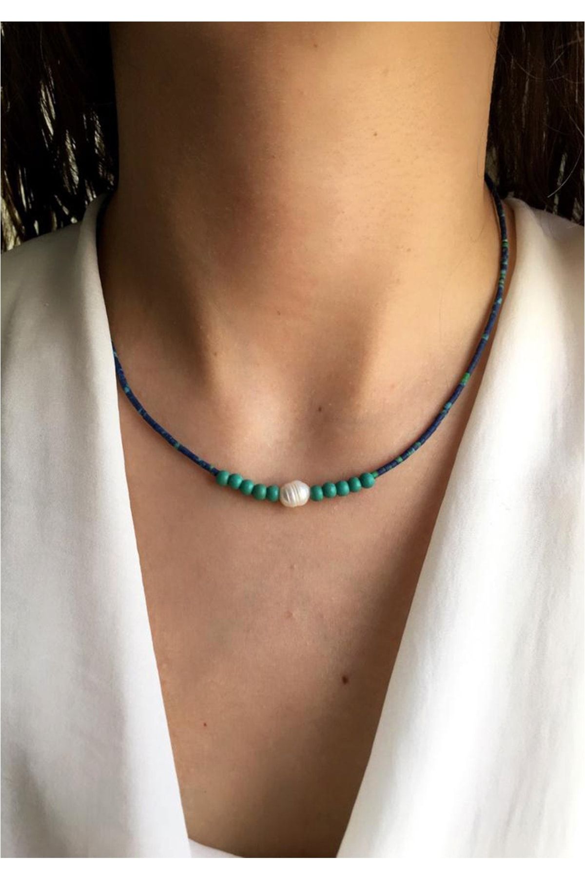 Serpil Jewellery Kadın Lacivert Kırçıllı Afgan Boncuklu Turkuaz Ve Gerçek Incili Doğaltaş Tasarım Kolye