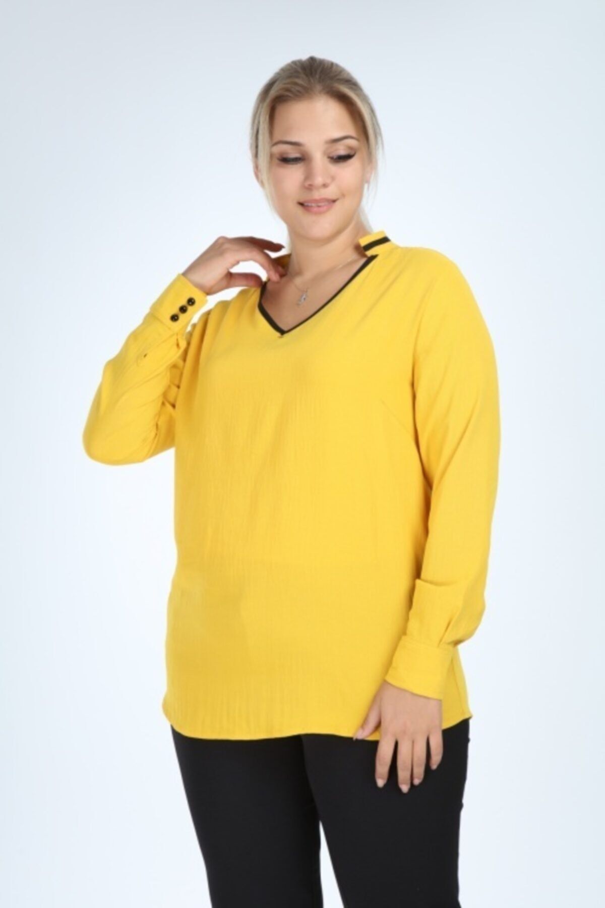 Lir Kadın Sarı Büyük Beden Uzun Kol Biyeli V Yaka Bluz