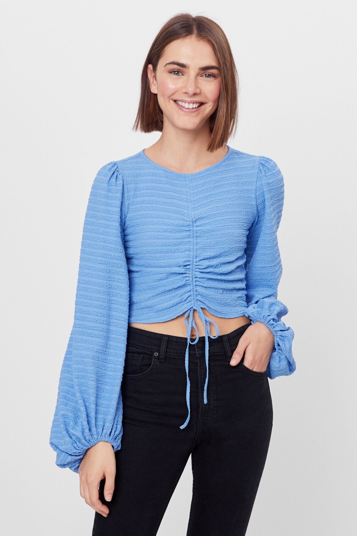Bershka Kadın Mavi Büzgülü Crop Fit Oversize Bluz