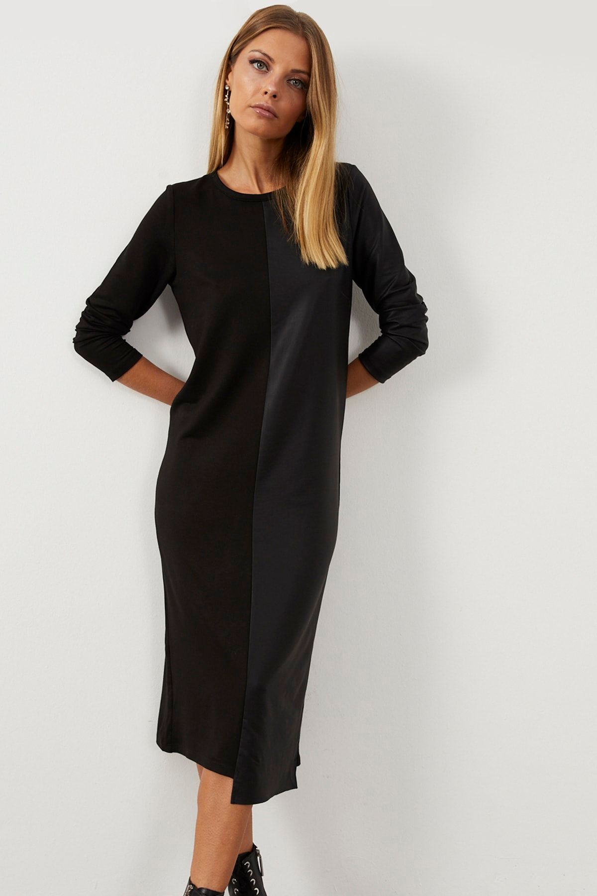 Cool & Sexy Kadın Siyah Suni Deri Bloklu Elbise Yİ1967