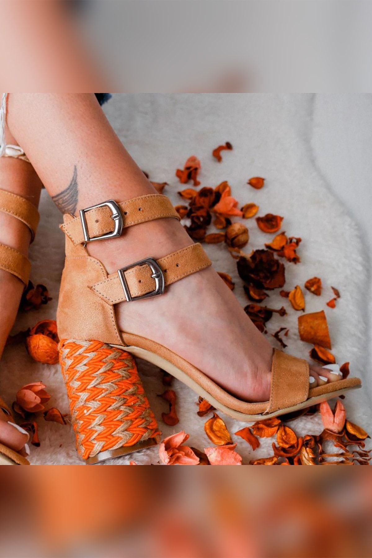 Limoya Kadın Kum Çift Bantlı Gerçek Hasır Topuklu Ayakkabı