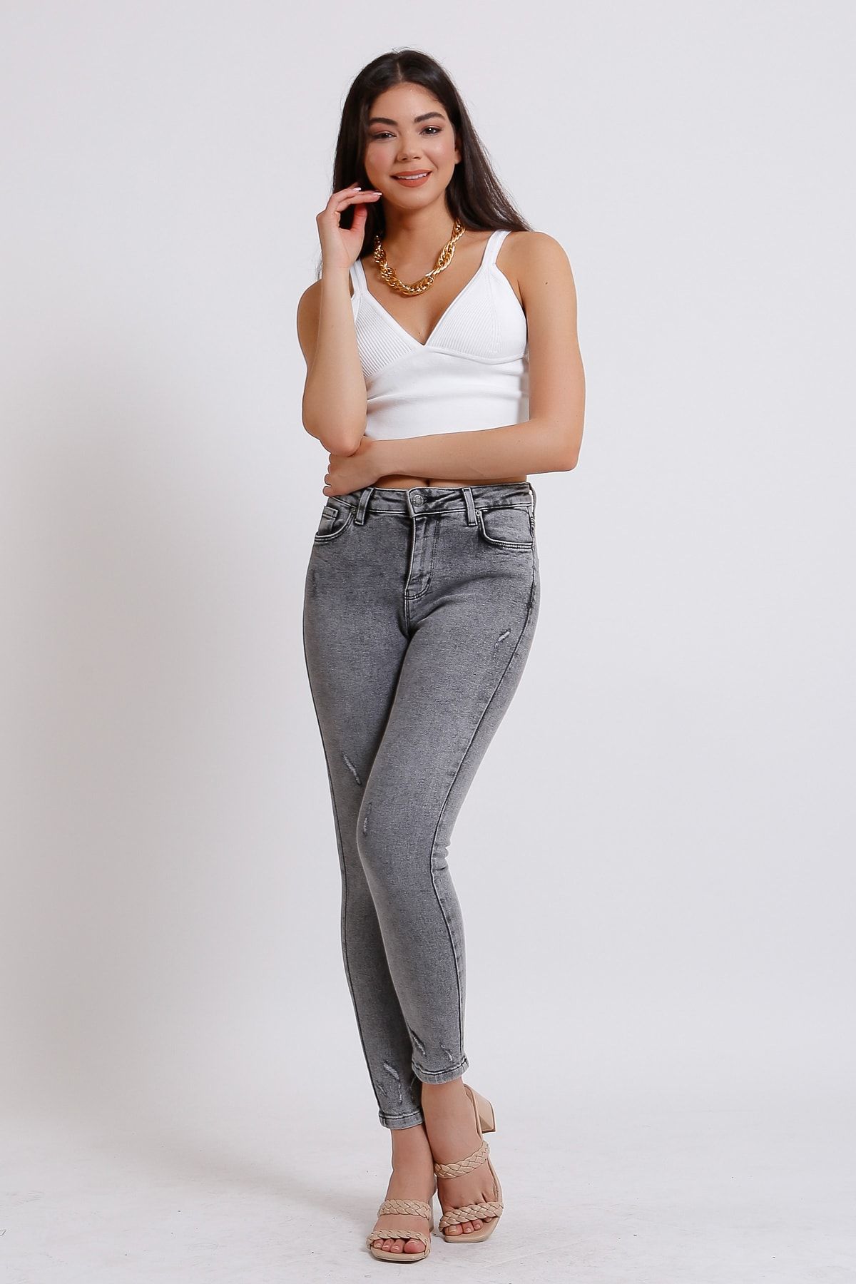 FAF Denim Kadın Gri Yüksek Bel Slim Fit Paça Yırtık Detaylı Denim Kot Jeans 1049