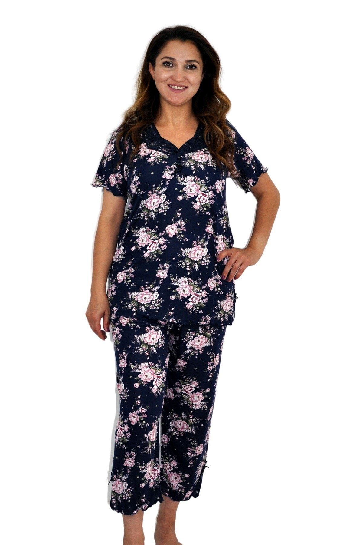 Dükkan Moda Kadın Büyük Beden Pijama Pembe Çiçek Desenli