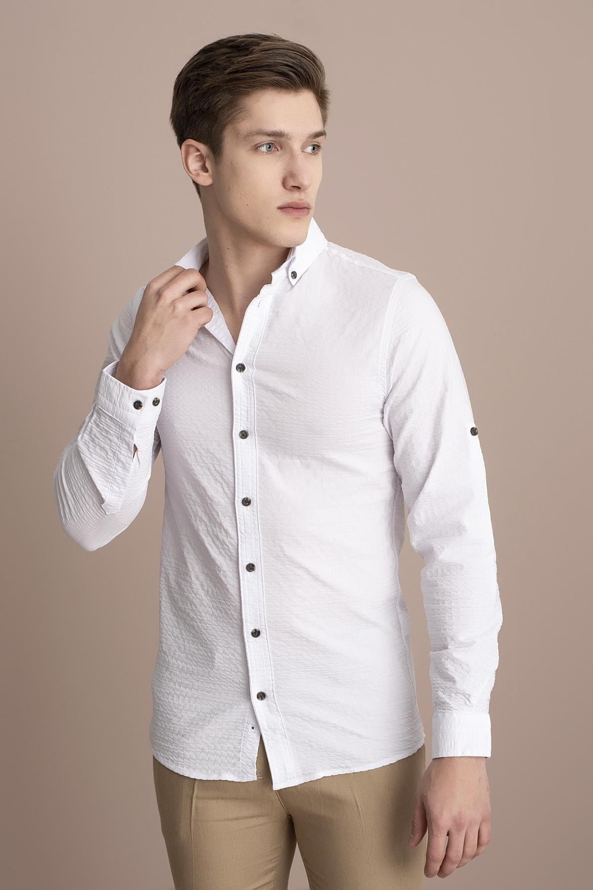 Tena Moda Erkek Beyaz Uzun Kollu Gofre Bengalin Slim Fit Gömlek