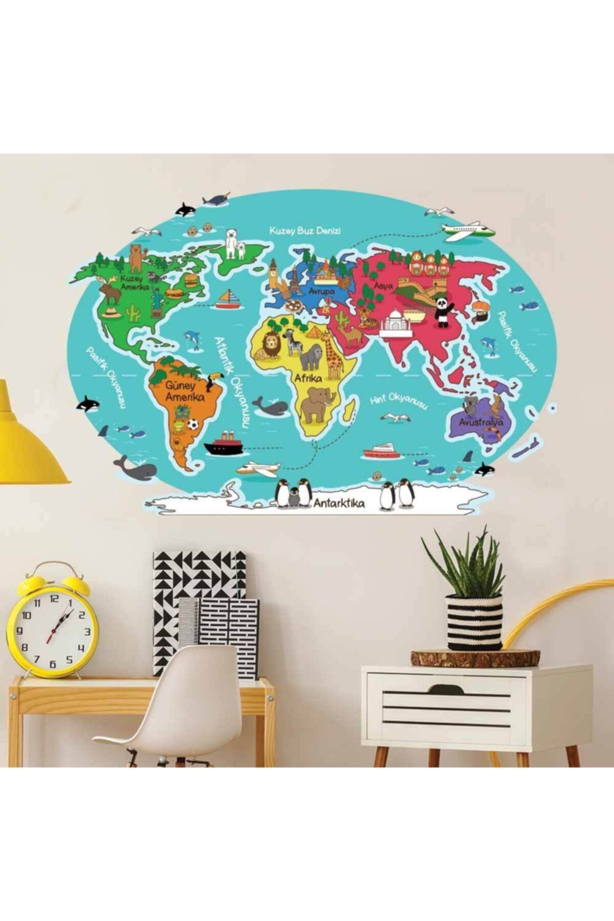 3M Hayvan Ve Şehirler Dünya Haritası Duvar Stickerı