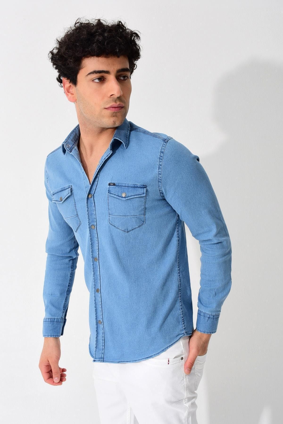 Tena Moda Erkek Mavi Kot Uzun Kol Çift Cepli Çıtçıtlı Gömlek