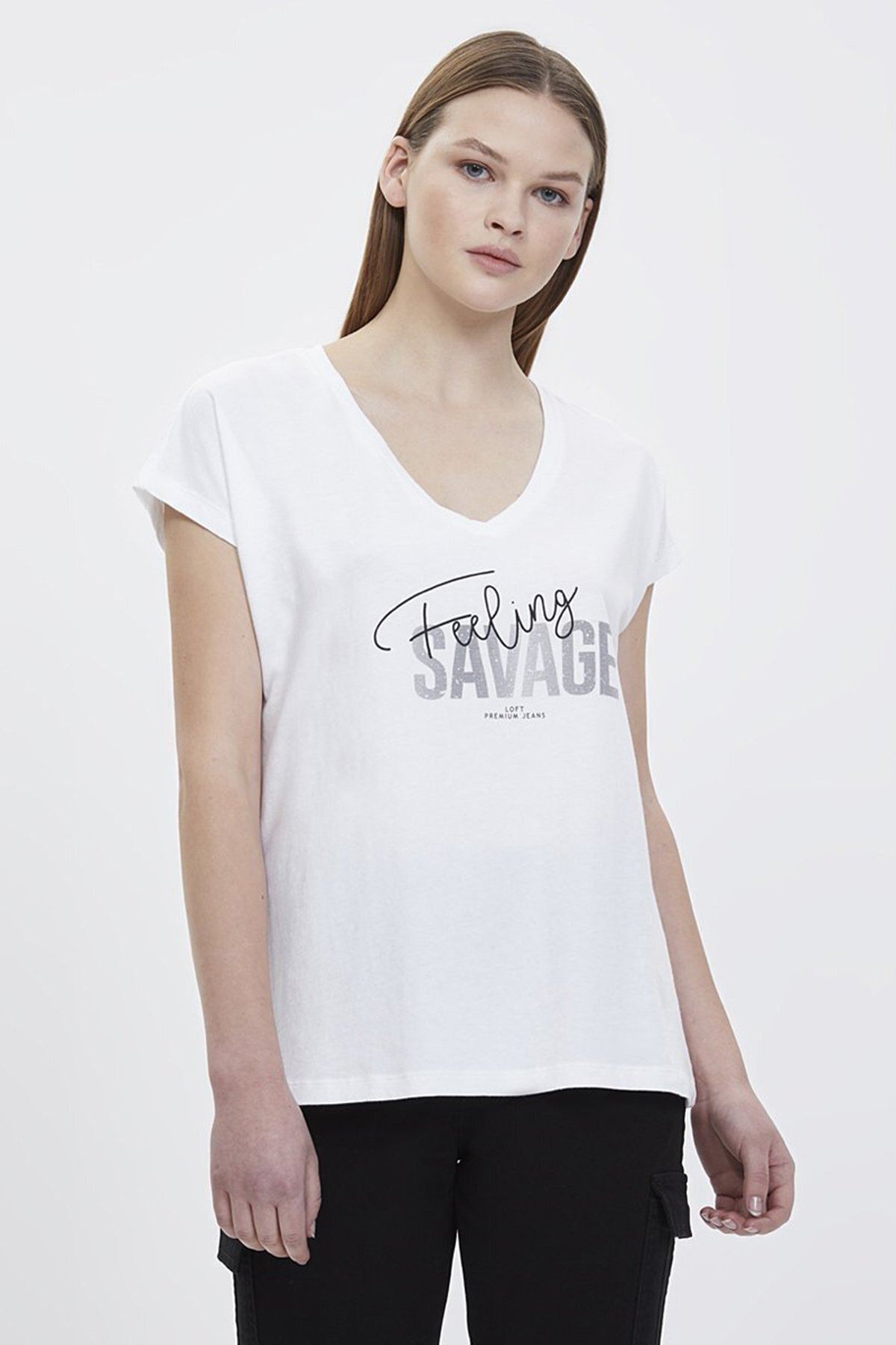 Loft Kadın Regular Fit Baskılı Beyaz T-shirt Lf2023787