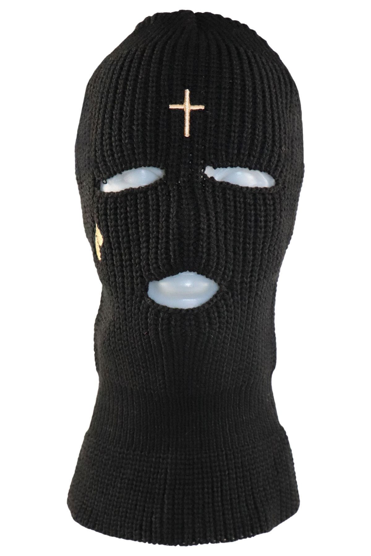 zirve şapka Siyah-kahverengi Artı Nakışlı 3 Gözlü Unisex Kar Maskesi