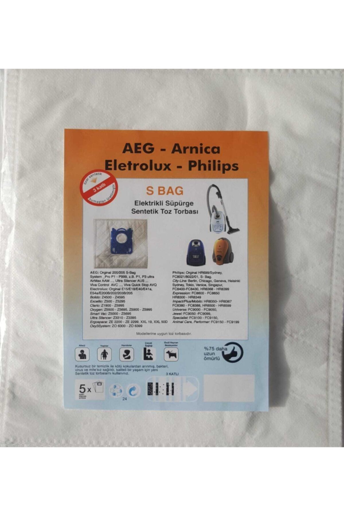 AEG - Arnica - Eletrolux - Philips S Bag Elektrikli Süpürge Sentetik Toz Torbası (5 Adet)