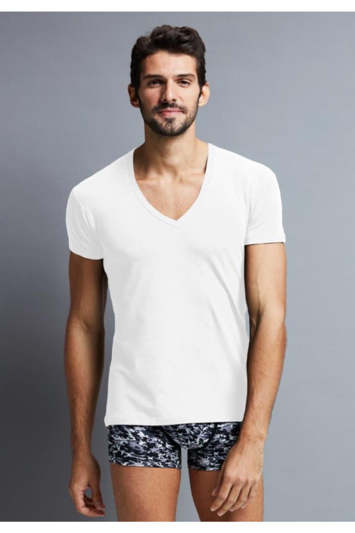 Penye Mood 3144 Erkek V Yaka T-shirt Beyaz